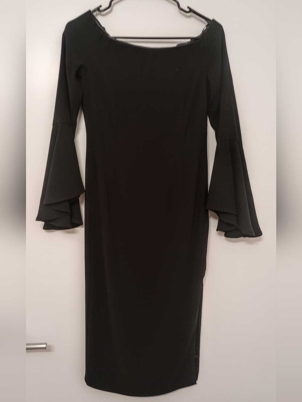 Black Long Bell-Sleeve Midi Dress, Size 4/ XS, Side Slit, Back Zipper, By Bardot